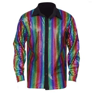 Camisetas para hombres Hombres Metálico Brillante Plaid Disco Dance Party Elegante Manga larga Botón Down Shirt Nightclub Club Etapa Rendimiento Traje