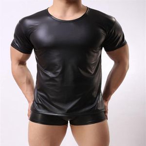 T-shirts pour hommes Hommes en cuir verni à manches courtes T-shirts PU Sexy Fitness Tops Gay Latex T-shirt Stage Tee Party Clubwear214Q