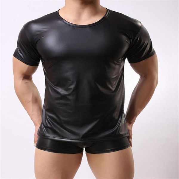 T-shirts pour hommes Hommes en cuir verni à manches courtes T-shirts PU Sexy Fitness Tops Gay Latex T-shirt Stage Tee Party Clubwear3375