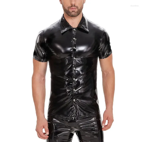 Camisetas para hombres Camiseta de cuero PU Botón Botón de cuello de manga corta Sexy Chemise Látex Clubwear Tops Streetwear