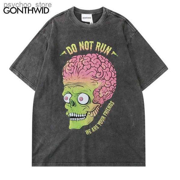 T-shirts hommes hommes punk t-shirt hip hop drôle cerveau zombie imprimé en détresse punk gothique t-shirts streetwear 2023 harajuku t-shirt décontracté haut Q240130