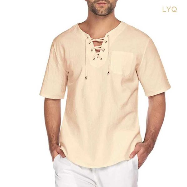 T-shirts pour hommes Chemise en lin de coton décontractée pour hommes Col en V Solide Lacets Top ample Été Hommes Chemise de mode respirante