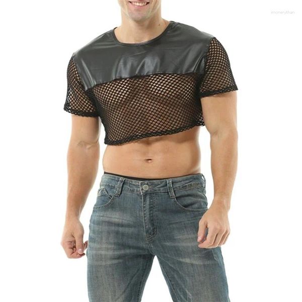 Camisetas para hombres Camiseta corta de PU con rejilla en contraste para hombre Camisa transparente de manga corta con cuello redondo Camiseta transparente de malla sexy Blusa con músculos