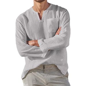 Camisetas de hombre Camiseta de lino de algodón para hombre Camiseta de manga larga Hippie Casual Playa Vintage Cuello en V Suéter suelto Tops Camisetas para hombre Streetwear 230522