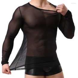 Hommes t-shirts hommes Est hommes boîte de nuit Sexy maille à manches longues chemise personnalité transparent t-shirt hommes respirant Fitness t-shirt Homme