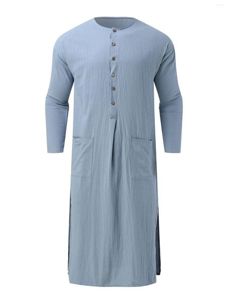 Camisetas para hombres Vestimenta islámica para hombres Túnica árabe tradicional con botones de manga larga en el frente y bolsillo conveniente - Ropa árabe auténtica