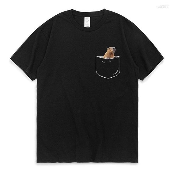 Hommes T-shirts Hommes Petite Poche Capybara Hommes Femmes À Manches Courtes T-shirt Harajuku Mode Lâche Surdimensionné Tops Noir Coton Haute