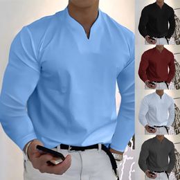 Camisetas para hombres Manga larga con cuello en V Camiseta de color sólido Elástico y cómodo Camisa deportiva suelta Camisa polo Ropa casual diaria S-2XL 230503