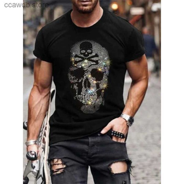 T-shirts pour hommes T-shirts de mode de qualité pour hommes Casual Streetwear à manches courtes Crâne Hot Drill Hommes Vêtements Tee Tops O-Cou Strass Tshirt Y2K T240105