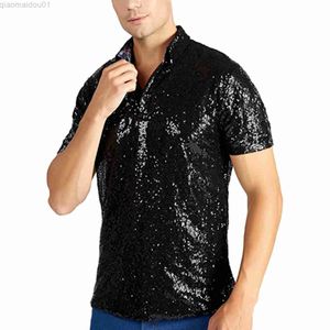 Camisetas de hombre Relajado de manga corta Turndown Sparkles Lentejuelas Polos Camisas 70s Disco Nightclub Party Camisetas Hombre Entrepierna Camisa L230713