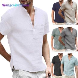 T-shirts pour hommes T-shirts pour hommes Mode Nouveau coton lin Chemises décontractées pour hommes Chemise classique basique Homme Manches longues Col montant Chemises respirantes 021523H