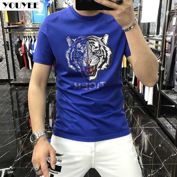 T-shirts hommes T-shirt pour hommes Strass Design Tête de tigre Impression Hip Hop Street Manches courtes Plus Taille Streetwear O Cou Mâle Top Vêtements Z0221