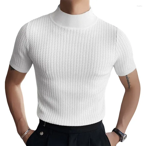 Camisetas para Hombre Cuello Alto para Hombre Tops Básicos De Punto Acanalado Color Sólido Jacquard Manga Corta Casual Slim Fit Jersey Suéter