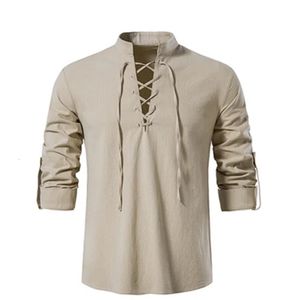 Camisetas para hombre Camisa con cuello en V para hombre Camiseta Moda Vintage Fina Manga larga Top para hombre Casual Transpirable Viking Front Lace Up hombre Camisas 230606