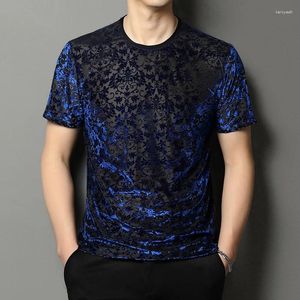 T-shirts pour hommes Hommes Voir à travers Sexy Sheer Royal Blue Floral Broderie Transparent Tshirt Hommes À Manches Courtes Col Rond Top 5XL