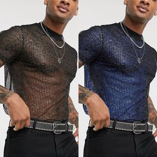 Camisetas para hombre, camisetas transparentes de manga corta con lentejuelas brillantes, camisetas de malla informales sexis transparentes para discoteca, camisetas eróticas para club nocturno, ropa para hombre