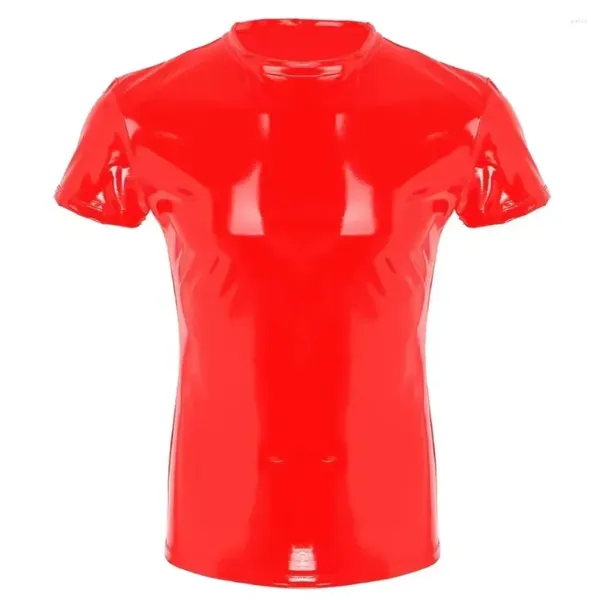 T-shirts pour hommes Hommes Sexy Faux Cuir PVC Clubwear Costume de scène Costume à manches courtes Look mouillé T-shirt brillant Top Discothèque