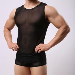 Camisetas para hombres Hombres Sexy Singlet Mesh Sheer Camisa transparente Tops Ropa interior Ropa de dormir exótica Net Shirt Undershirts Brand284f