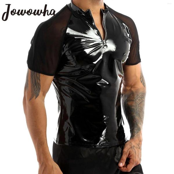 T-shirts pour hommes Hommes Chemise brillante Wetlook Cuir Verni Manches courtes Été Sexy T-shirt Sheer Mesh Zipper T-shirts Tops Clubwear Casual