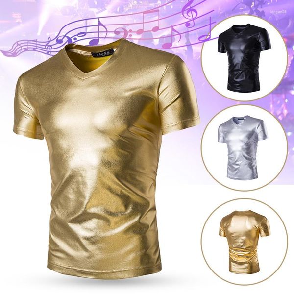 Hommes T-shirts Hommes Brillant Wet Look T-shirt À Manches Courtes Top Slim Fit Stage Dancing Show Disco Rave Party Night Club Tee Costume Clubwear