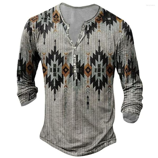 Camisetas para hombre, camisa para hombre, ropa bohemia de manga larga, camisetas con estampado de moda Vintage 3d, camisetas de algodón con cuello en V, camisetas étnicas Harajuku informales