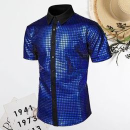 Camisetas para hombre, camisa para hombre, ropa para hombre, disfraz de discoteca de los años 70, cuello vuelto Vinatge, lentejuelas brillantes reflectantes, manga corta con botones