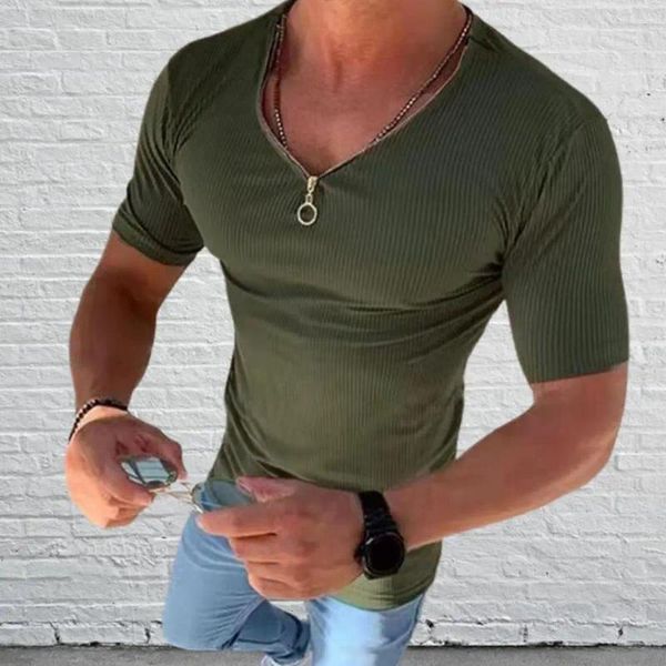 T-shirts hommes hommes chemise couleur unie à manches longues col en V côtelé stretch streetwear printemps automne slim fit t-shirt top vêtements 2023