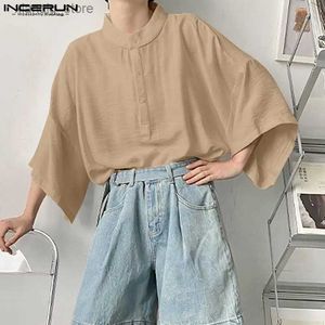 Heren T-shirts Heren Overhemd Effen Kleur Opstaande Kraag Korte Mouw Streetwear Losse Camisas Koreaanse Stijl Oversize 2023 Herenkleding S-5XL24328