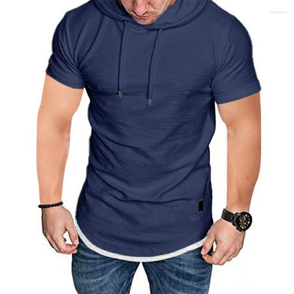 T-shirts pour hommes Hommes T-shirt à manches courtes Patchwork Cordon de serrage Tops à capuche Sports d'été Casual Slim Fit
