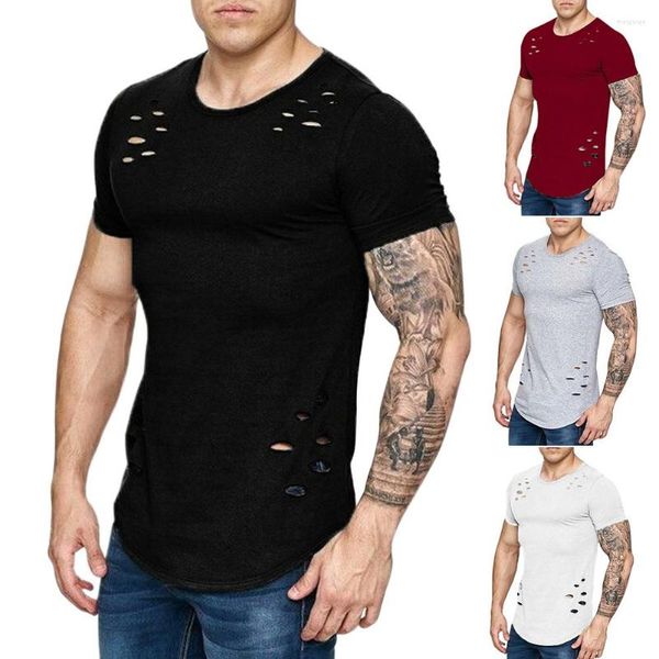 Camisetas para hombre, camiseta ajustada con cuello redondo, camiseta de manga corta con músculos, camisetas casuales con agujeros rasgados TC21