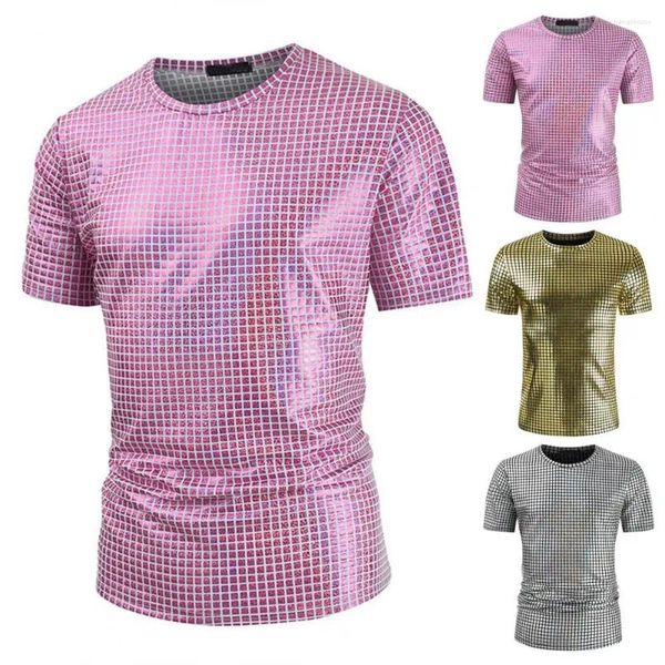 T-shirts pour hommes Hommes Slim Fit T-shirt Brillant Chemise de fête à carreaux pour boîtes de nuit Festivals O Cou Manches courtes Clubbing