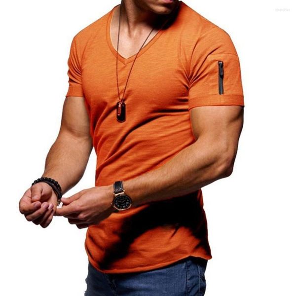 T-shirts pour hommes T-shirt à manches courtes à col en V avec poche zippée de couleur unie Fit Plus Size Tee Top