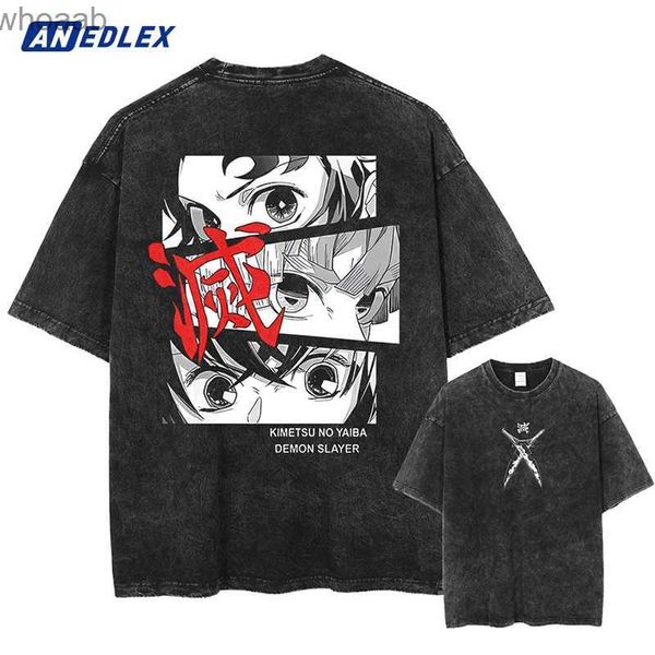 Camisetas para hombres Hombres Streetwear Vintage Washed Black T-shirt Japonés Anime Girl Print T Shirt Verano Manga corta Camiseta Tops de algodón Tees 240130