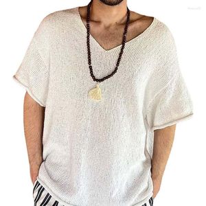 Camisetas para hombre, camiseta de punto con cuello en V de manga corta informal de verano para hombre, camisetas Vintage, Jersey, ropa de calle, Tops de punto de ganchillo sueltos, ropa para hombre