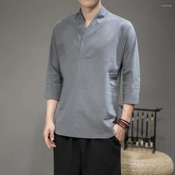 T-shirts hommes hommes chemise d'été style chinois pull solide trois quarts manches vêtements quotidiens t-shirts col en V haut vêtements masculins
