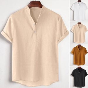 Herren-T-Shirts, Herren-Sommerhemd, Stehkragen, Knöpfe, einfarbig, Pullover, mittellang, weiche, kurze Ärmel, Büro-T-Shirt-Kleidung