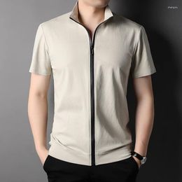 T-shirts pour hommes Hommes Summer Manches courtes T-shirt à rayures noires Plus Taille Mens Straight Casual Mince Zipper Coton Beige Zip Up Chemise XXXL