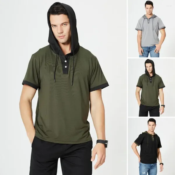 T-shirts pour hommes Hommes T-shirt d'été à capuche Cordon de serrage Manches courtes Boutons Match Pantalon Casual Pull Sports Top Vêtements