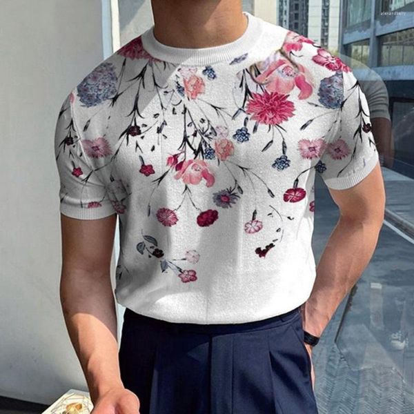 Camisetas para hombre, camiseta de verano para hombre, camisetas de punto de manga corta con cuello redondo, estampado Floral, Jersey elástico transpirable ajustado, camisetas, ropa de calle