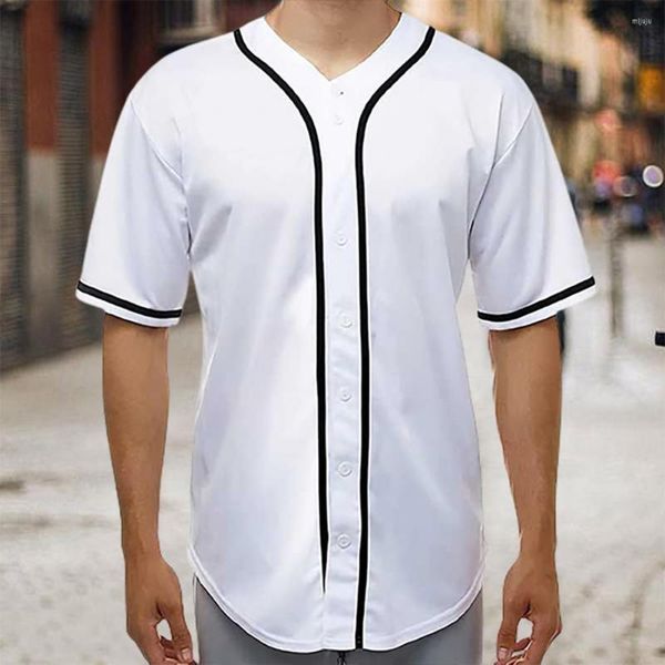 T-shirts pour hommes T-shirt d'été pour hommes Pull à manches courtes Boutons de couleur assortie Simple boutonnage Lâche Mi-long Uniforme de baseball