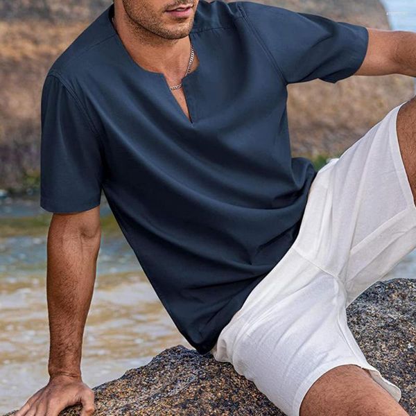 Camisetas para hombre, camiseta de verano para hombre, camiseta de manga corta con cuello en V, camiseta suave transpirable de algodón y lino, jersey informal para playa diaria