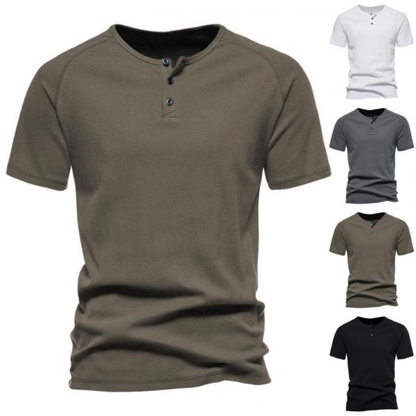 T-shirts pour hommes Hommes T-shirt d'été à manches courtes Couleur unie Col rond Boutons Slim Fit Daily Wear Mid Longueur Anti-Pilling Top Vêtement masculin