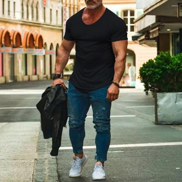 Mannen T-shirts Mannen Zomer T-shirt Slim Fit Onregelmatige Zoom Ronde Hals Korte Mouwen Sport Effen Kleur Mid Lengte Top mannelijke Kledingstuk