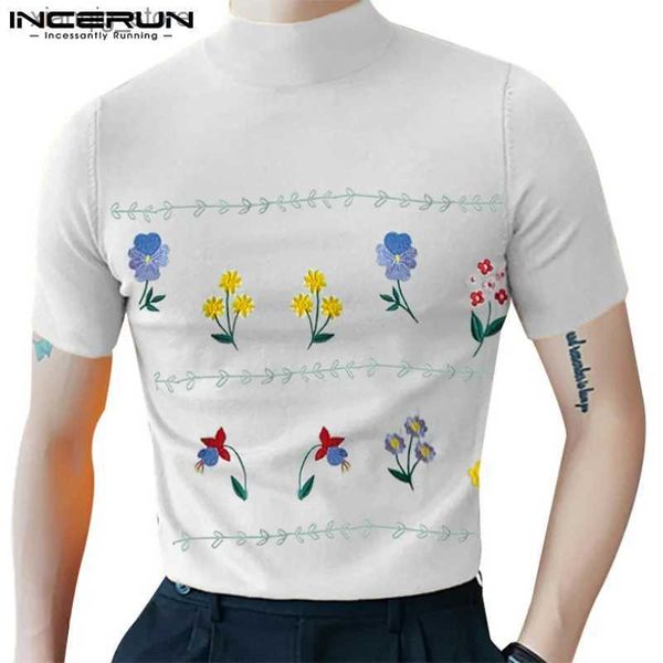 T-shirts hommes hommes t-shirt impression florale col roulé à manches courtes fitness décontracté hommes vêtements été 2023 streetwear coréen tee tops24328