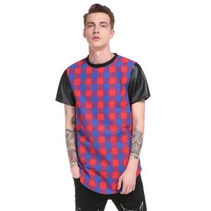 T-shirts masculins T-shirt Hip Hop High Street Long Plaid Scalped Leather Side Side T-shirt