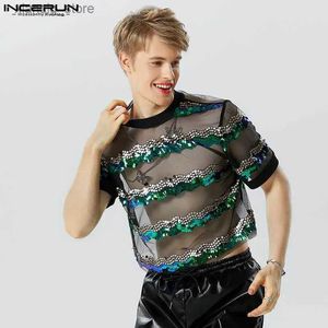 T-shirts hommes Hommes T-shirt Mesh Patchwork Paillettes Sparkling Transparent O-Cou À Manches Courtes Camisetas 2023 Streetwear Mode Crop Tops24328