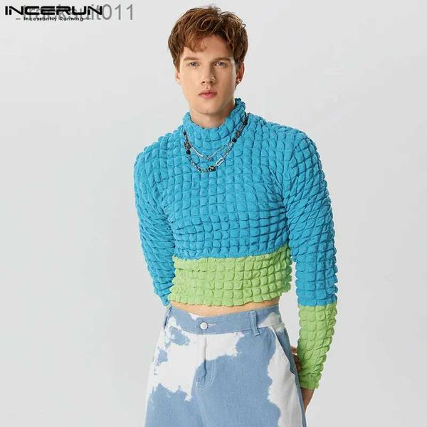 T-shirts hommes Hommes T-shirt Patchwork Turtleneck Long Sle Crop Tops Automne 2023 Puff Streetwear Mode Casual Camisetas S-5XL L231208