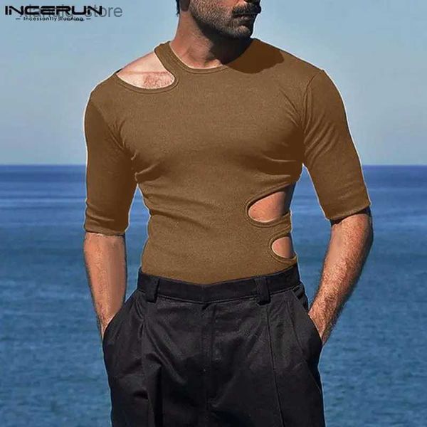 T-shirts hommes hommes t-shirt solide o-cou demi manches streetwear sexy évider camisetas fitness 2023 mode d'été hommes vêtements s-5xl24328