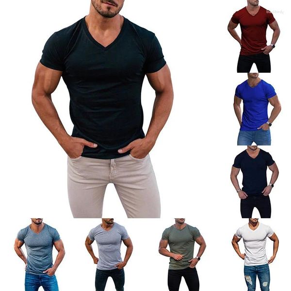 Camisetas para hombre, camiseta para hombre con cuello en V, diseño de moda, camisetas sólidas ajustadas, camisetas para hombre, camisetas de manga corta para hombre
