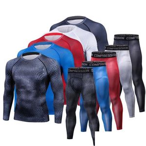 T-shirts pour hommes Hommes T-shirts Pantalons Ensemble 2 pièces Vêtements de sport pour hommes Costume de compression Joggers Fitness Couche de base Chemise Leggings Rashguard Dhrey